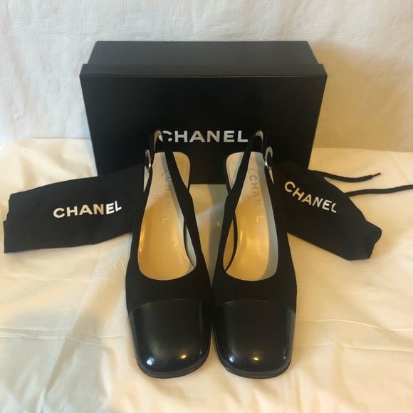 CHANEL Shoes - Chanel Cambon sling backs black suede with black patent toe EUC box & 2 dust bag